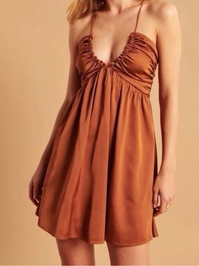 Abercrombie & Fitch Rust-Copper Satin Spaghetti-Strap Mini Dress